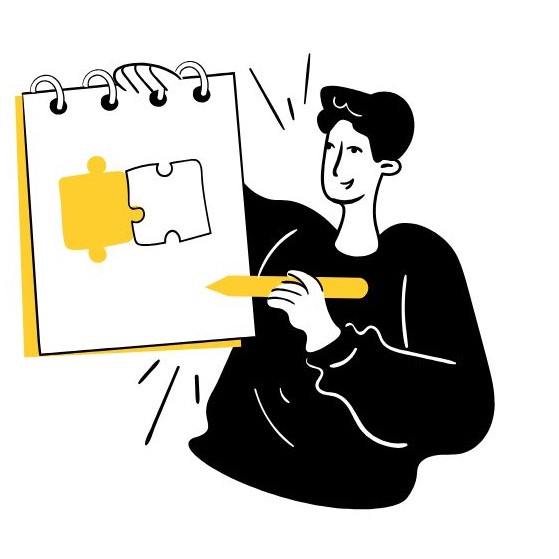 Illustration of a person placing a puzzle piece into position on a board, representing solving a missing part of a problem or completing a larger system.