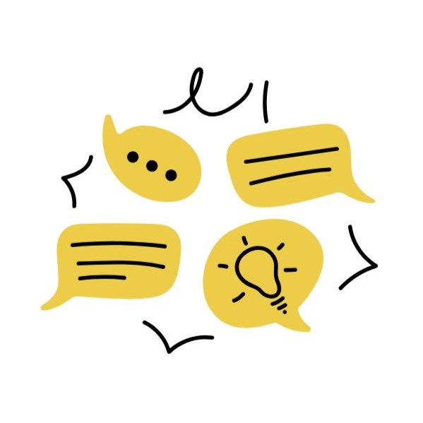 Illustration of speech bubbles surrounding a lightbulb, representing discussion, idea exchange, and collaborative thinking.