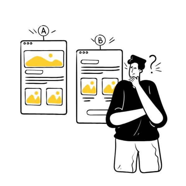 Illustration of a person evaluating two options labeled A and B, representing comparison, testing, and decision-making between alternatives.