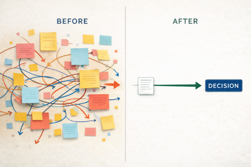 Split visual labeled “Before” and “After,” showing a chaotic network of sticky notes and arrows on the left, contrasted with a simplified flow on the right leading directly to a single decision, representing clarity emerging from complexity.