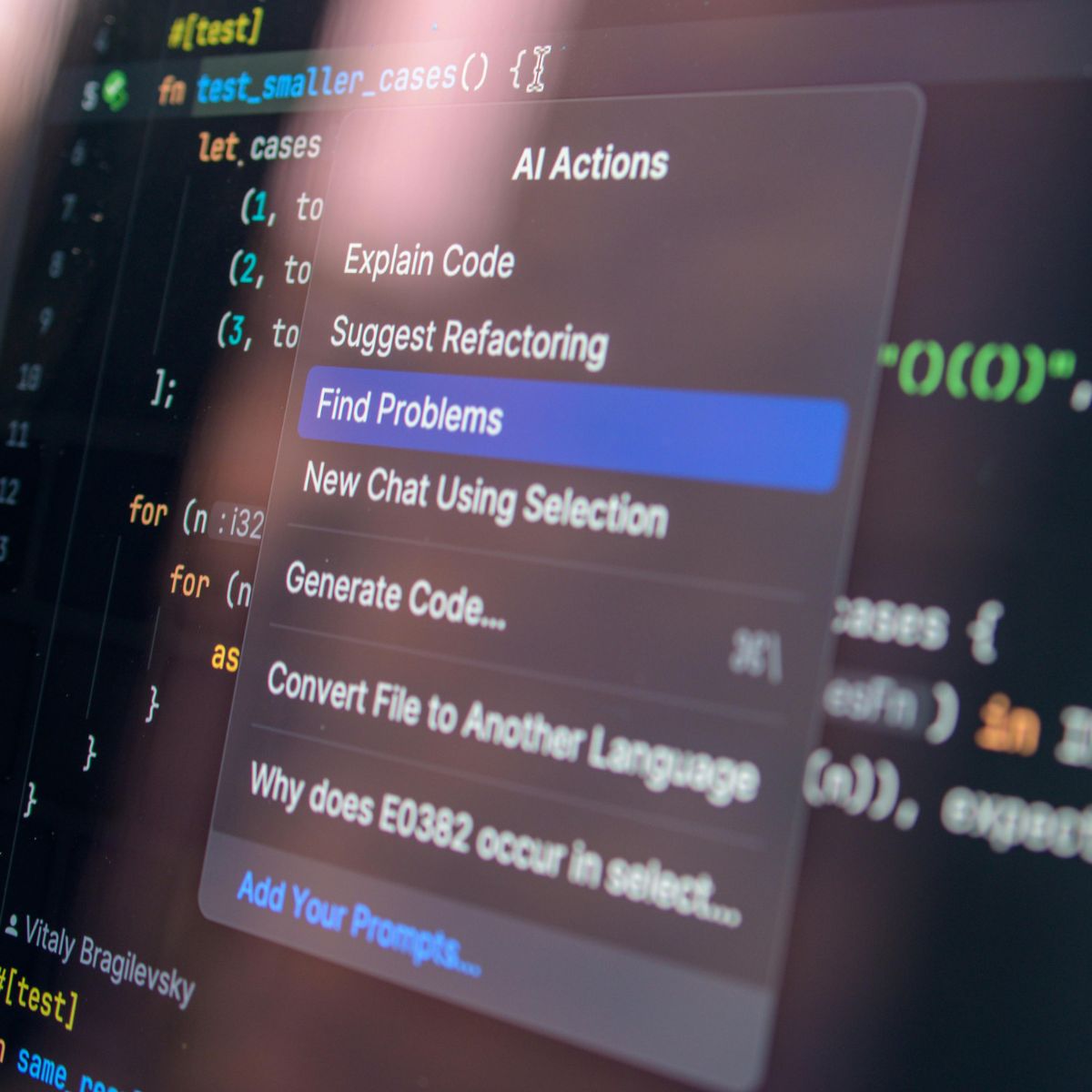 Close-up of a code editor with a translucent “AI Actions” menu open, showing options like “Explain Code,” “Suggest Refactoring,” and “Find Problems,” with “Find Problems” highlighted.