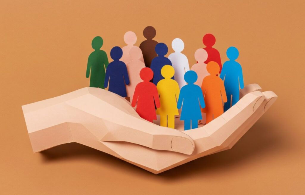 A group of diverse, colorful human figures standing together in an open hand, symbolizing support, inclusion, and collective care.