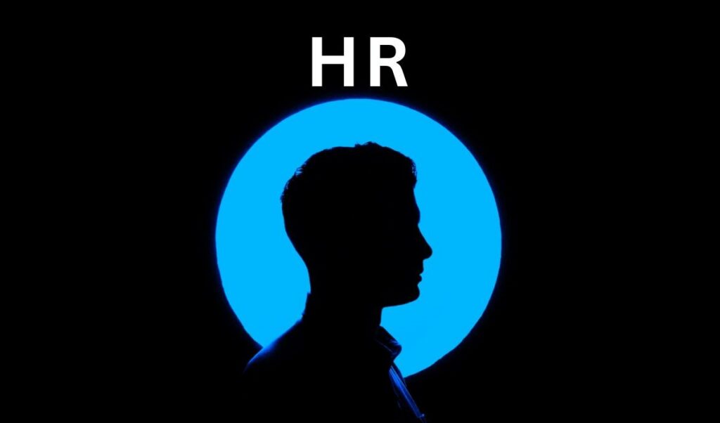 Silhouette of a person’s profile against a blue circular background with the letters “HR” above, representing human resources or people management.