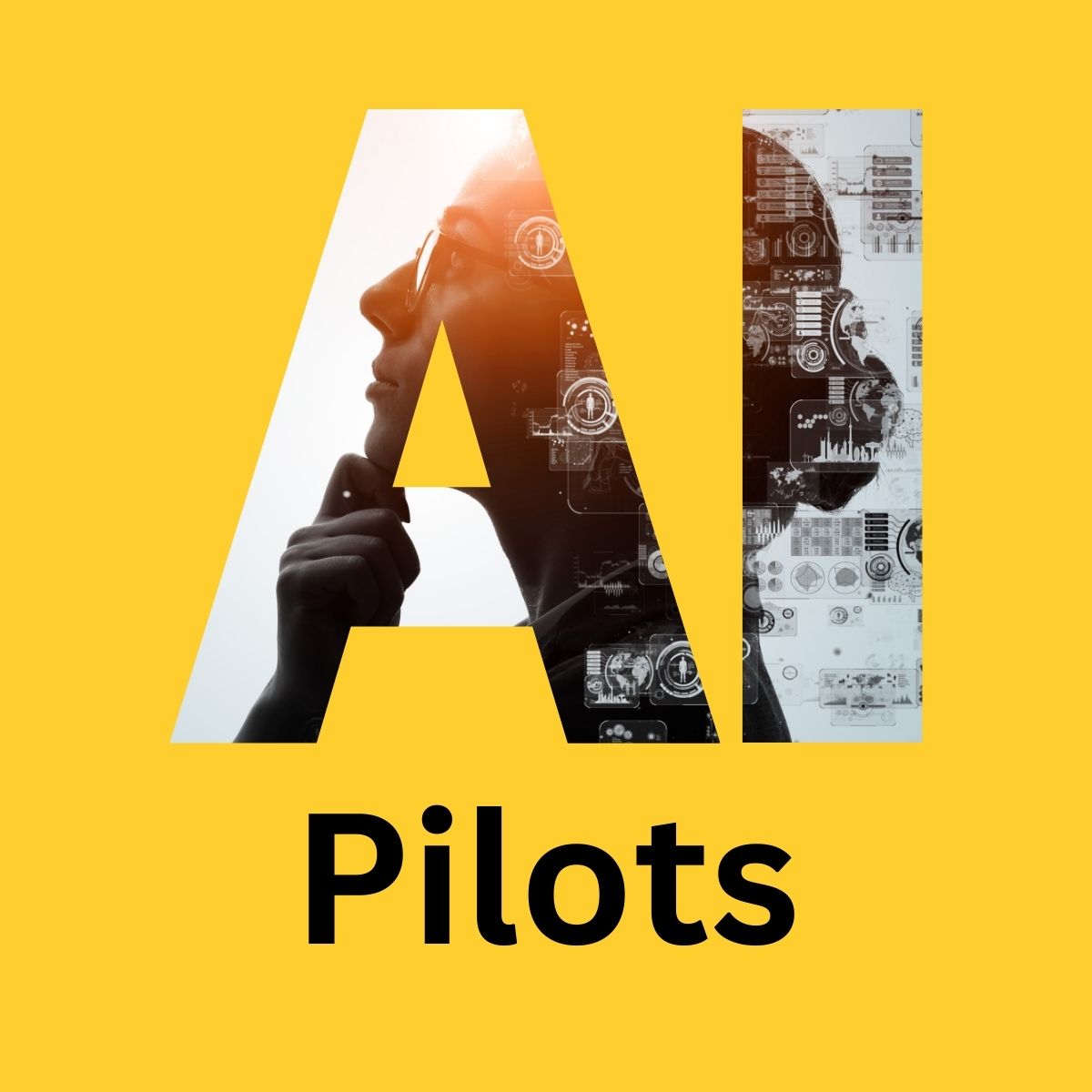 Large “AI” letters with a human profile and digital interface visuals inside, above the word “Pilots” on a yellow background, representing early-stage AI experimentation.