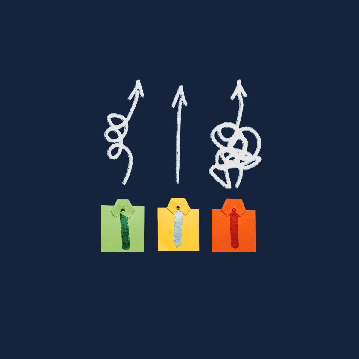 Three colored paper figures with ties, each with a different upward path above them, first spiraling, second straight and third messy, illustrating different approaches to progress or problem-solving.