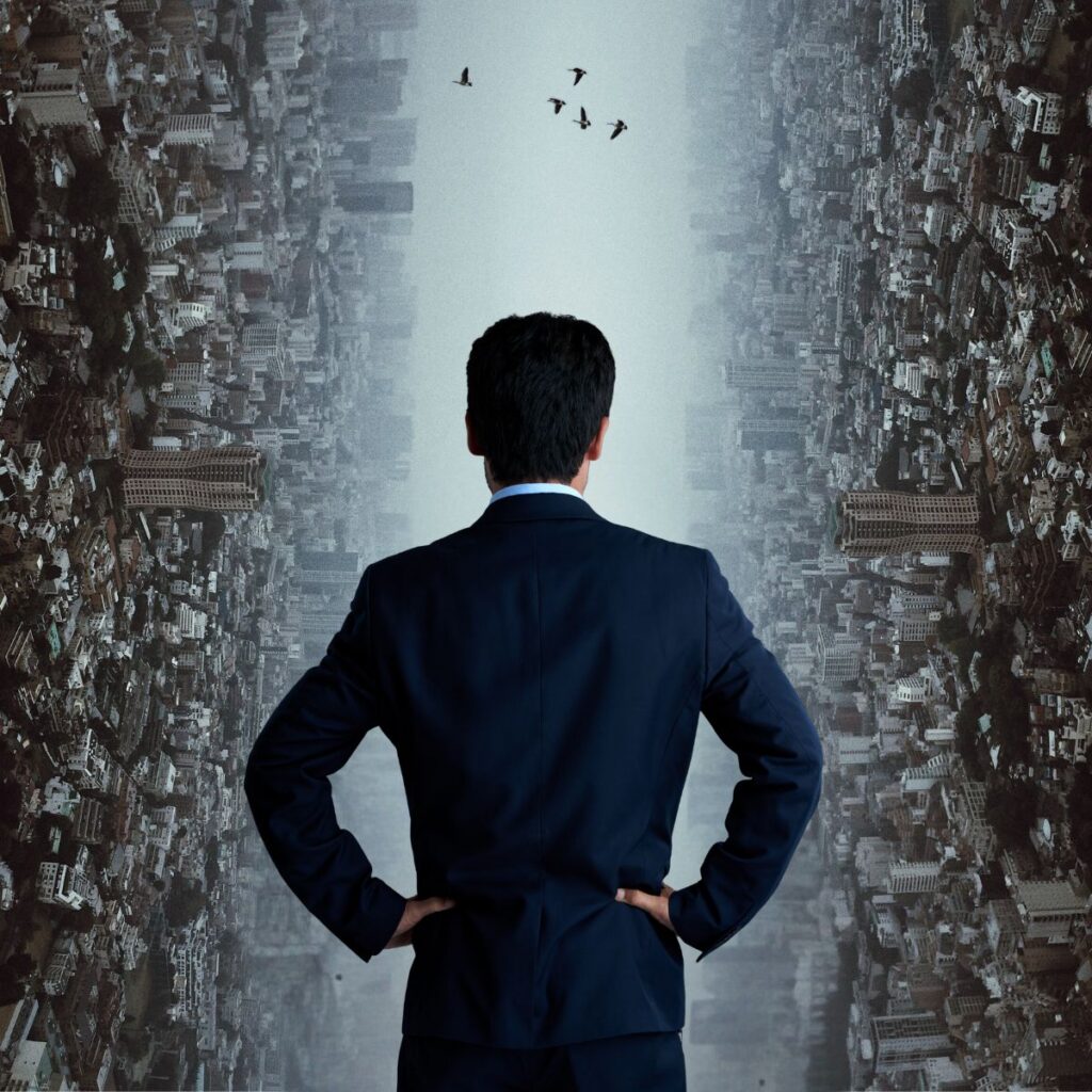 A man in a suit standing with hands on his hips, facing a surreal split cityscape that stretches upward on both sides, creating a narrow path ahead, symbolizing high-stakes decision-making and navigating complex, uncertain environments.