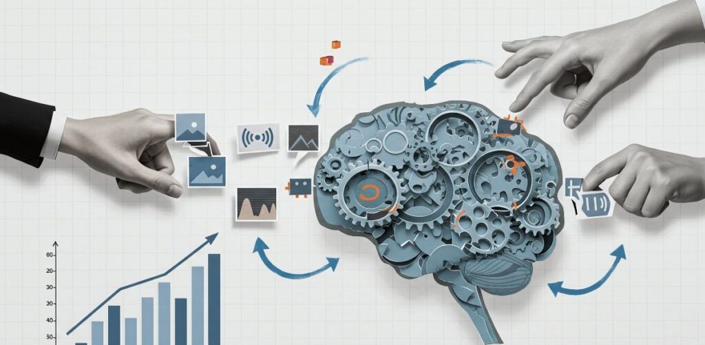 Conceptual illustration of a human brain made of gears with hands feeding in data, charts, and signals, representing AI processing, data flow, and decision-making systems.