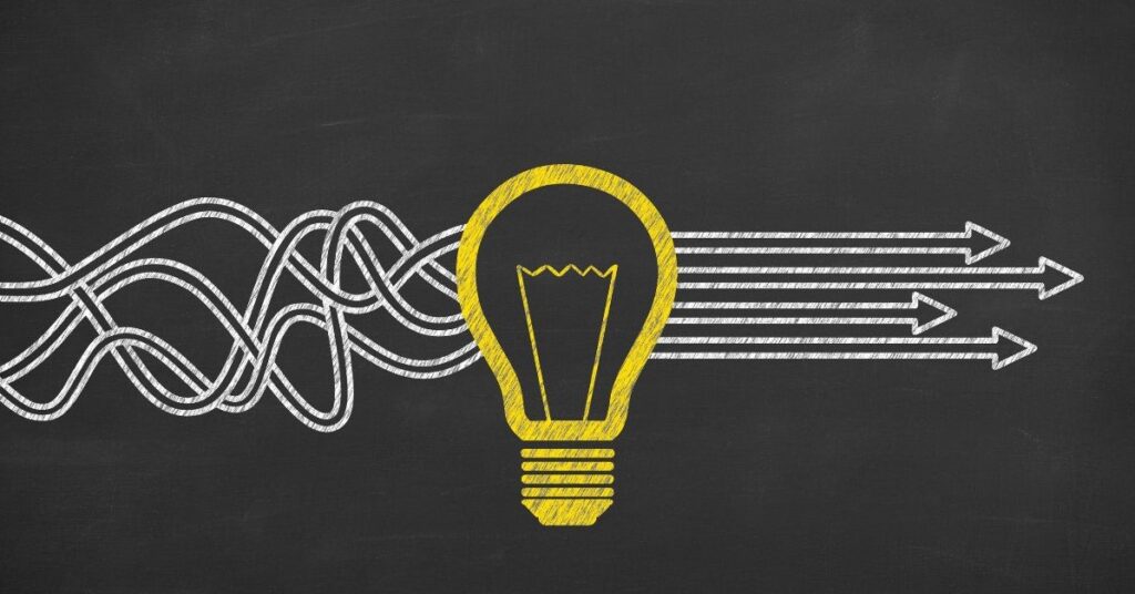 Tangled white lines on the left transition through a yellow lightbulb into straight, parallel arrows pointing right, showing a shift from confusion to clear direction.