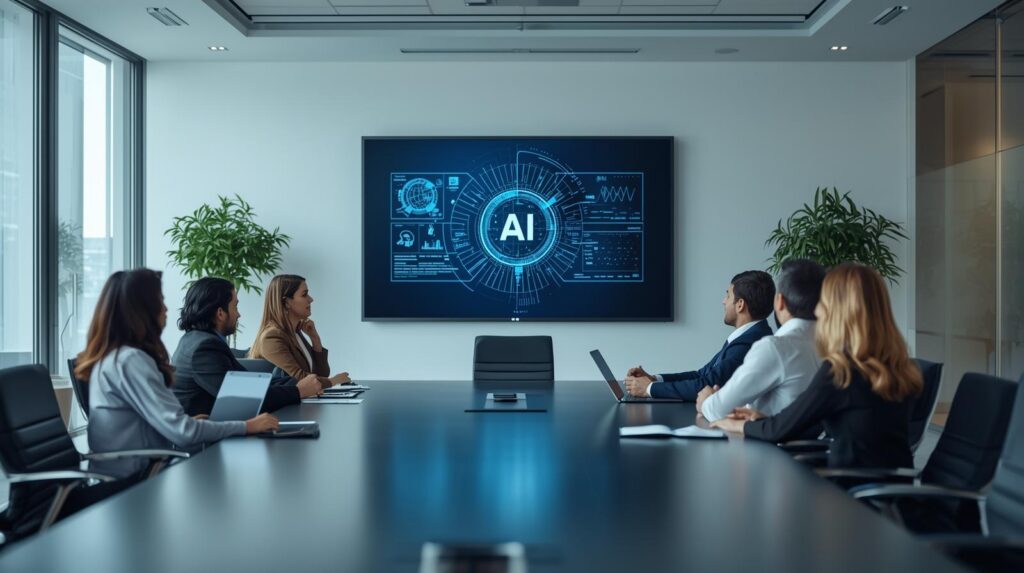 An AI board leading a meeting in a board room full of humans. Shows the potential of AI transformations. An AI board leading a meeting in a board room full of humans. Shows the potential of AI transformations.