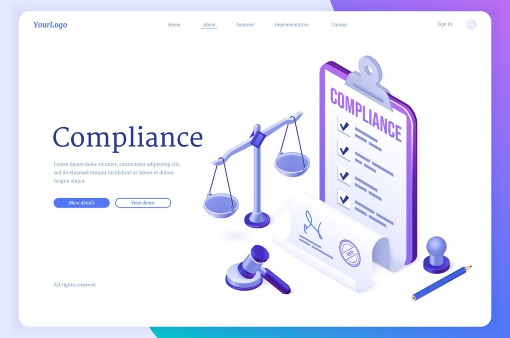 Computer generated graphics that shows the word 'Compliance' written across a checklist of rules and entities that can be found in a court of law.