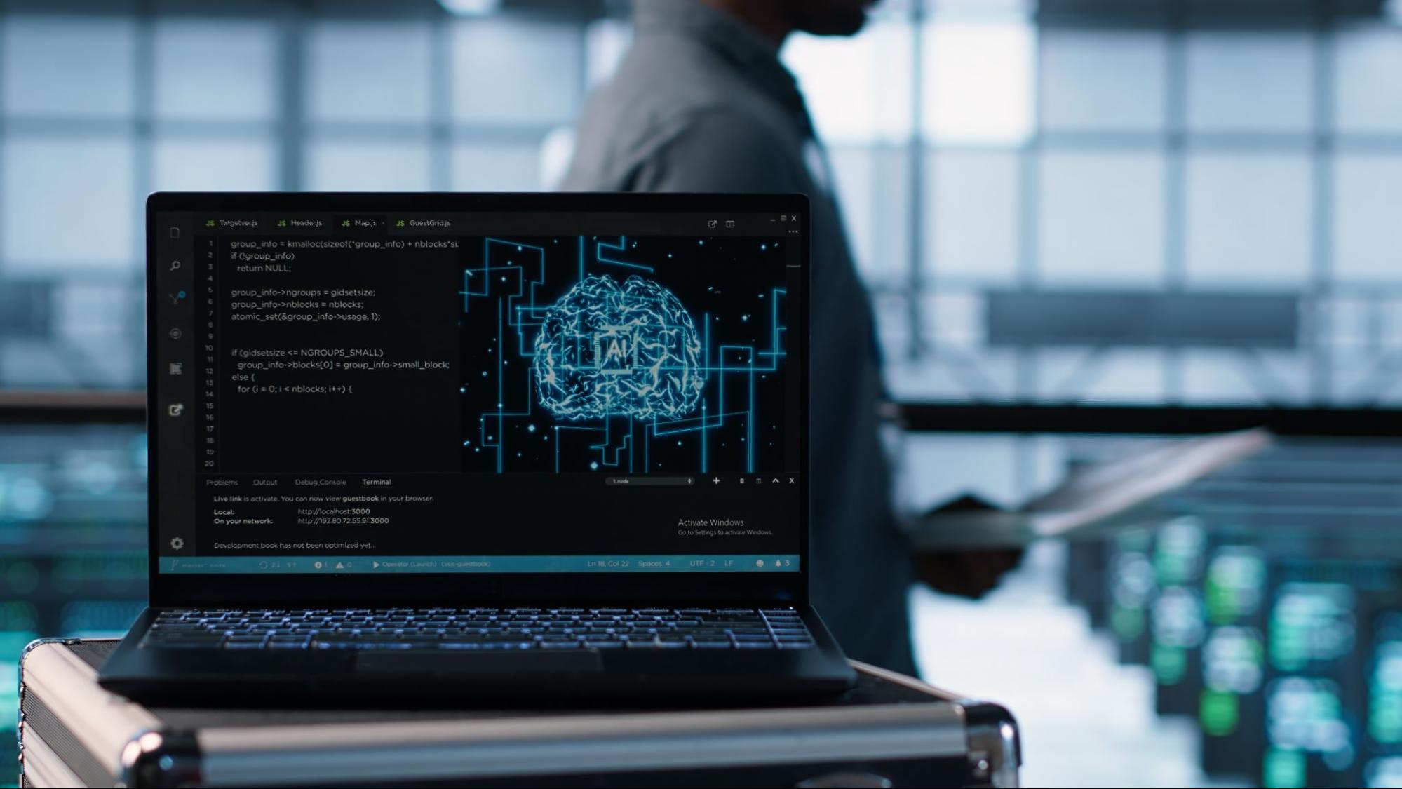 image of a laptop screen with an AI brain on it. The AI brain is being mapped almost giving the impressions of it's abilities being measured.
