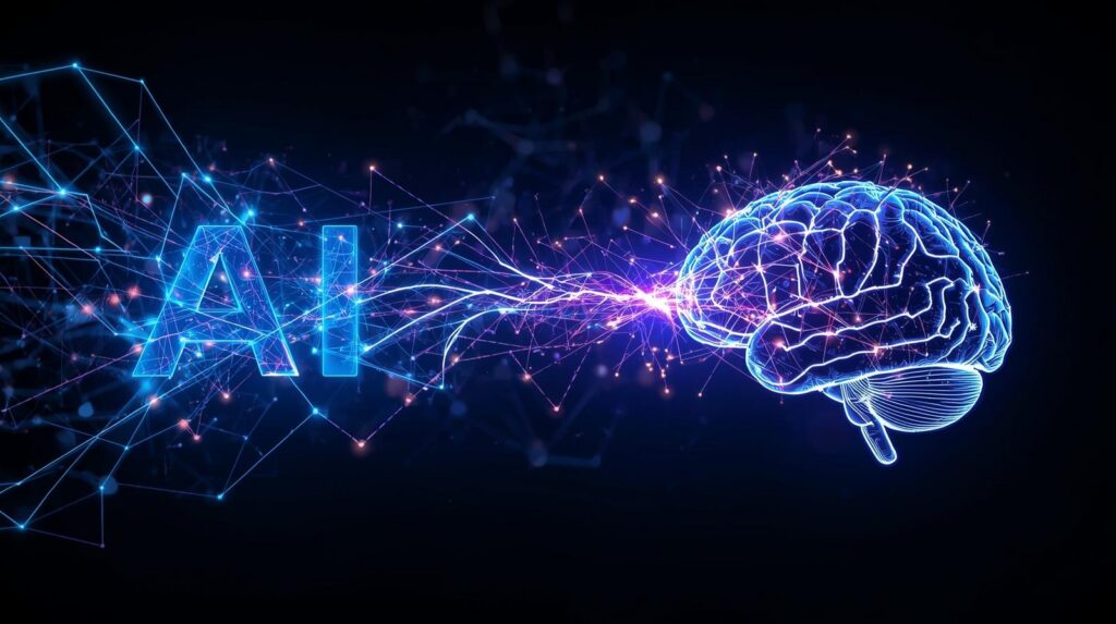 An image conceptualizing AI's ability to think. The word 'AI' and the human brain establishing a synapses link with each other.