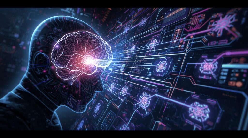 computer generated image of an AI brain talking to multiple data modules concurrently. computer generated image of an AI brain talking to multiple data modules concurrently.